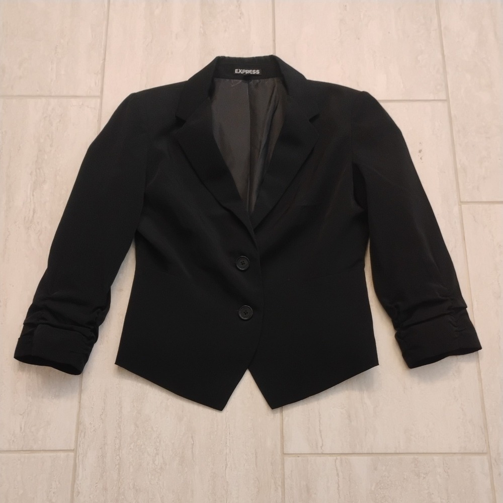Express Womens Two Button Blazer Jacket Size 4 Black Ruched 3/4 Sleeve Career